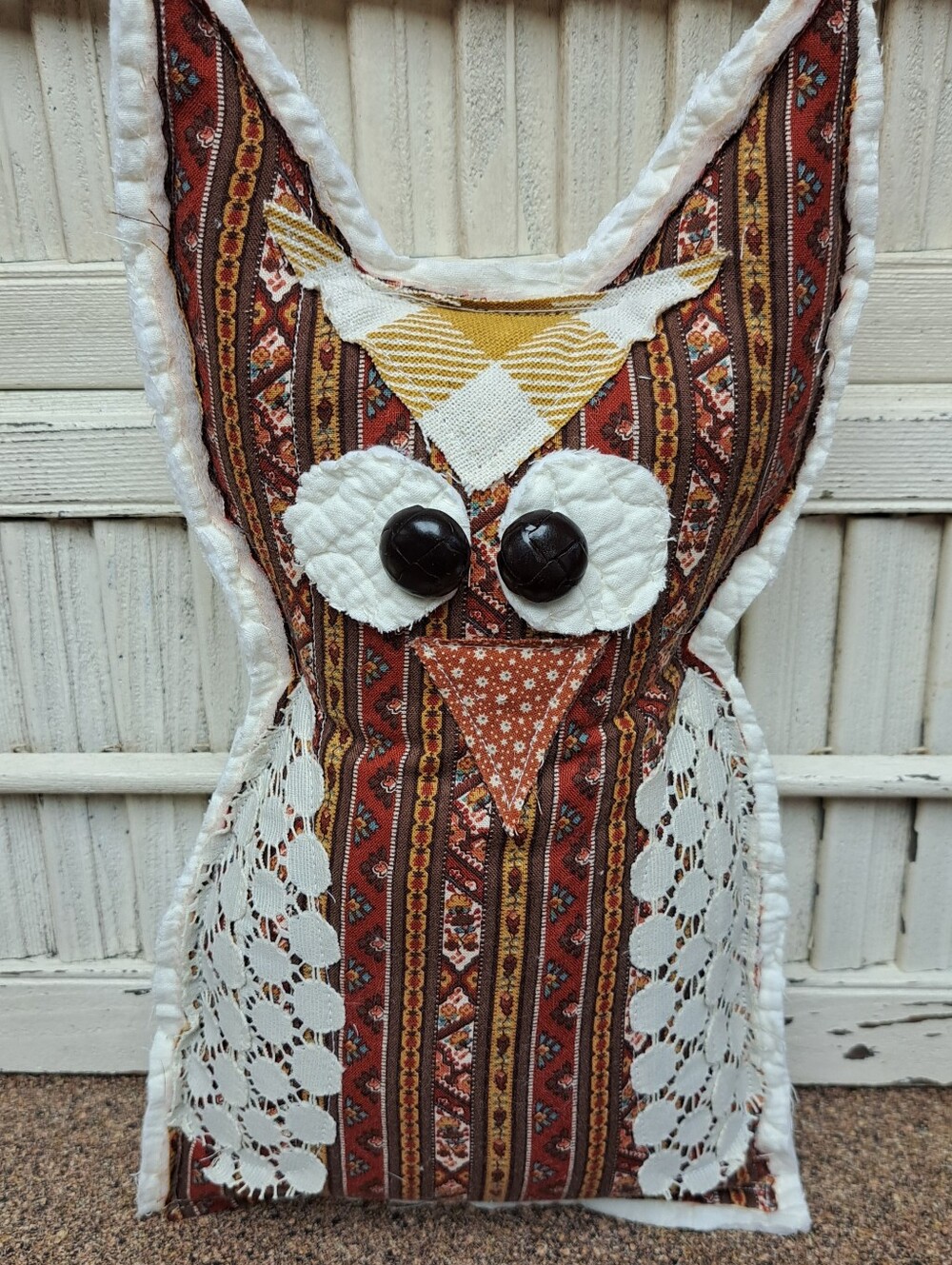 Handmade Patchwork Owl Throw Pillow - Rust and Cream (D)